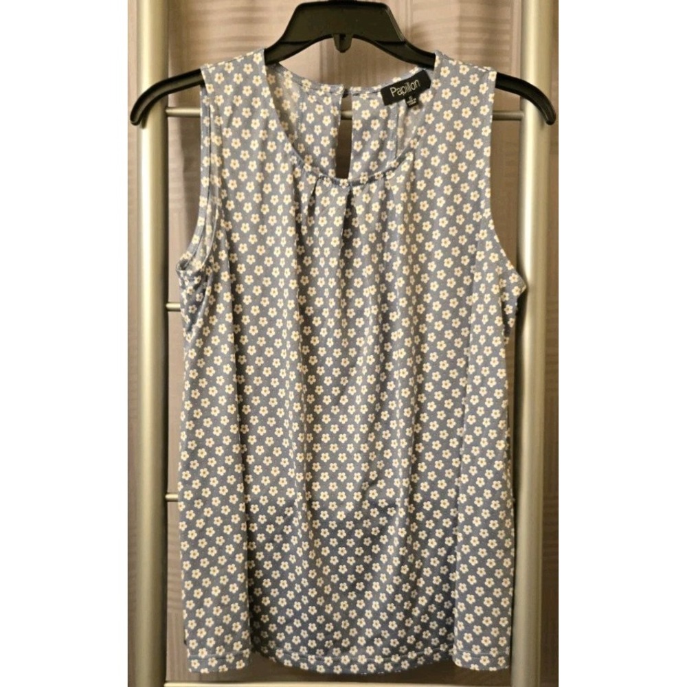 Papillon Womans Blouse Top Blue Daisy S Floral Sleeveless Round‎ Neck Pullover - Picture 2 of 7